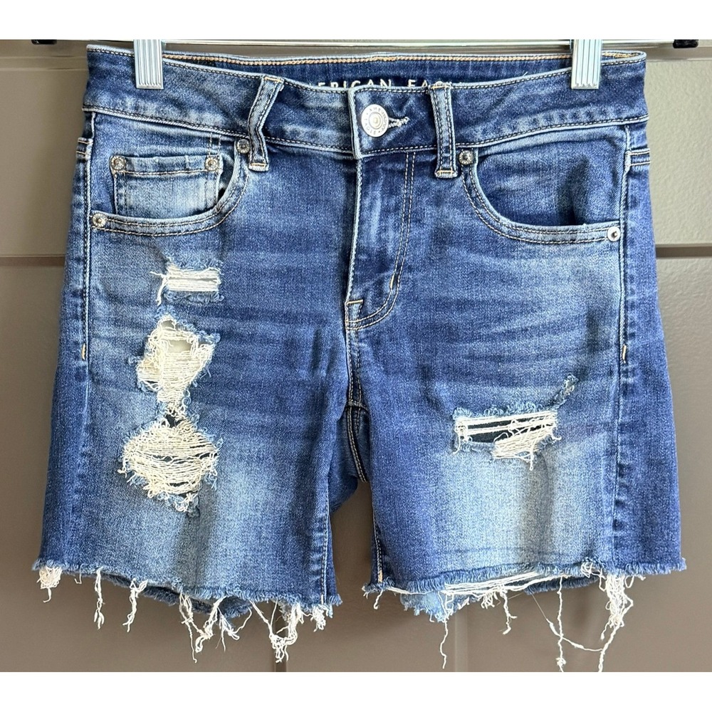 American Eagle Next Level Stretch Distressed Denim Shorts Blue Womens 4